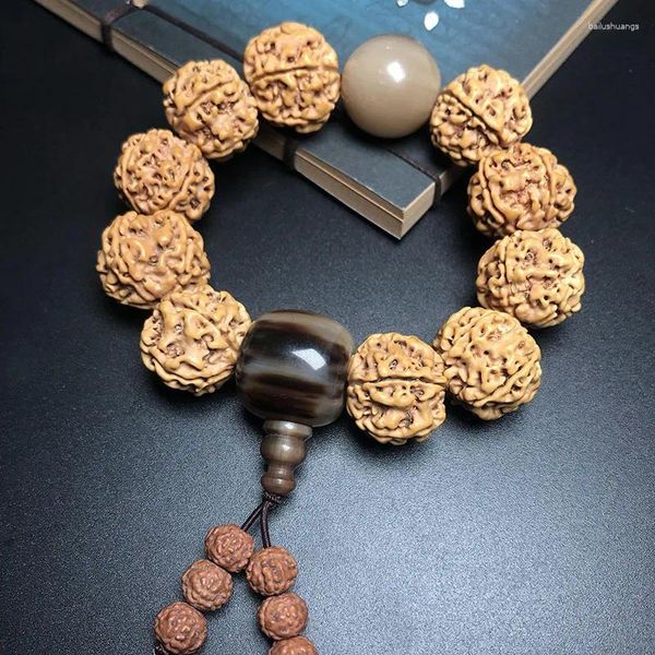 Strand atacado pulseira de couro amarelo Rudraksha contas de 5 pétalas masculinas