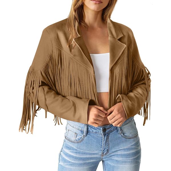 Mulheres franjas hem tassel cardigan colheita topos falso camurça couro motocicleta jaqueta hippie vintage streetwear lapela casaco 240124