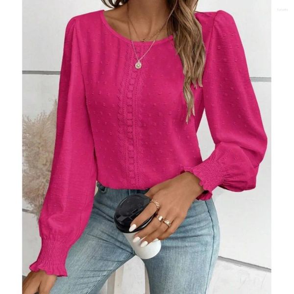 Camicette da donna 2024 Girocollo Pannello in pizzo Camicia casual in tinta unita Top Donna Rosa Rosso Elegante Pullover OL Camicetta Femme Blusas