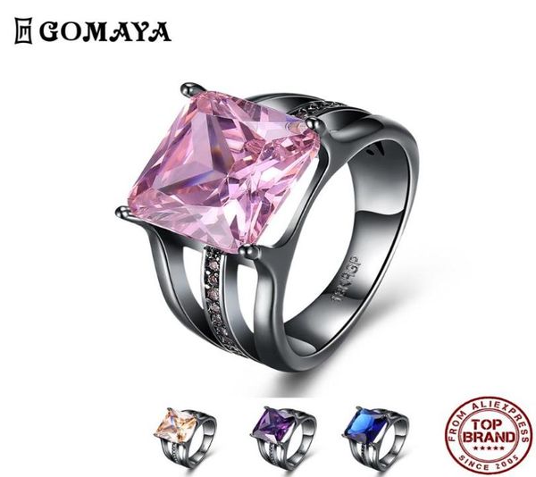 Eheringe GOMAYA Frauen Bunte Quadratische Zirkon Schwarz Gun Farbe Hohl Out Ring Unisex Romantische Party Geburtstag Geschenk Mode Jewe1644929