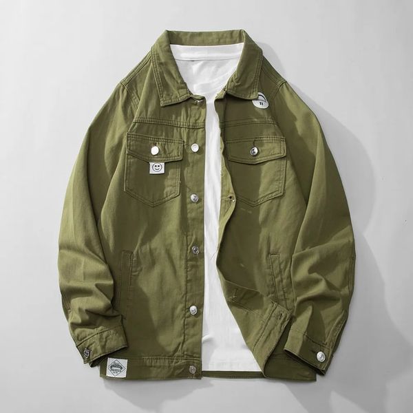 Outono exército verde remendo denim jaquetas lavagem de algodão jaqueta jeans preto estilo safari casual solto chaquetas hombre masculino casacos 240202