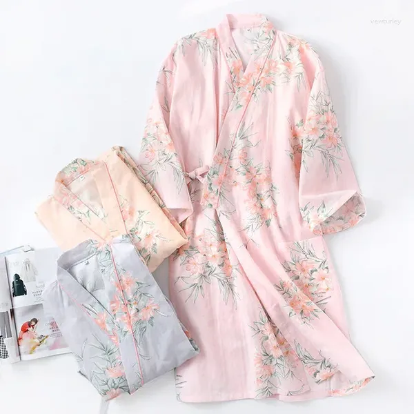 Mulheres sleepwear rosa impressão flor yukata quimono vestido mulheres primavera verão algodão gaze roupão de noite estilo japonês vestido de casa