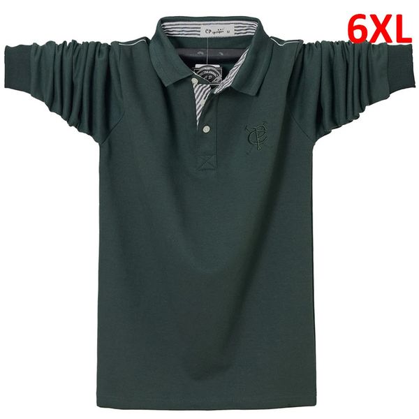 Рубашки-поло с длинными рукавами, мужские рубашки-поло на весну и осень, большие размеры 6XL, модные повседневные однотонные хлопковые поло, черные, зеленые, темно-синие 240126