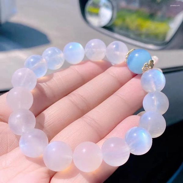 Strand natural azul luz moonstone claro contas redondas pulseira 12mm feminino masculino estiramento cristal aquamarine