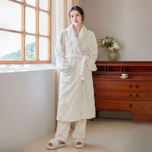 Kadın pijama 2024 Sonbahar Kış Sıcak Kalın Çökel Pantolon Set Damalı Jakar Polar Pijama Moda Konforlu Hardigan Boşluk