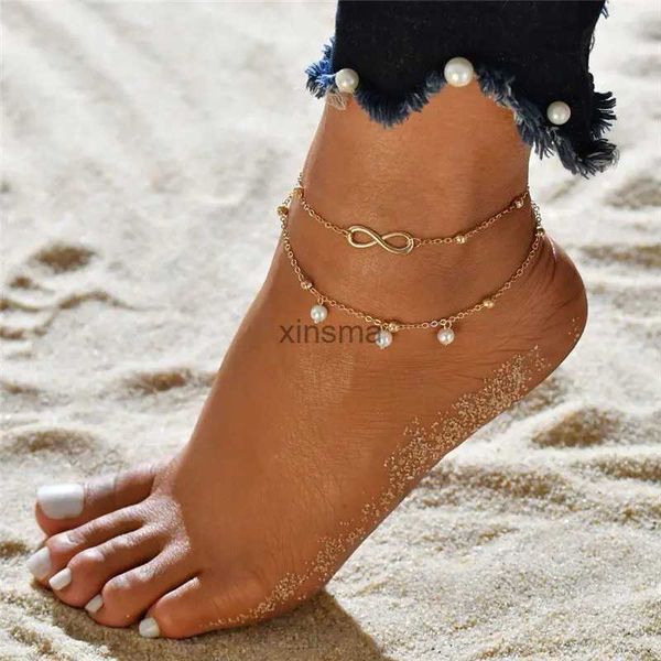 Cavigliere Boho Cavigliere a doppio strato per le donne Catene con pendente in streaming di perle Catene per piedi a 8 forme Bracciale da spiaggia Cavigliere Bracciale del sistema solare YQ240208