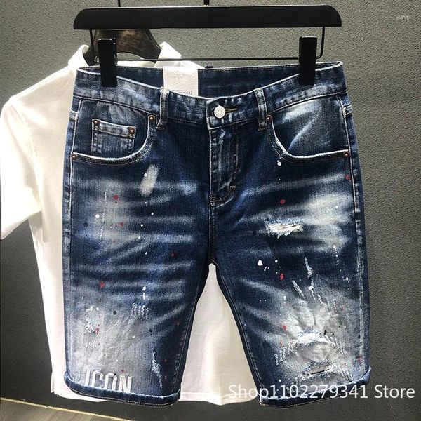 Jeans masculinos homens azuis denim shorts verão rasgado de alta qualidade masculino algodão estiramento ajuste buracos tamanho 38