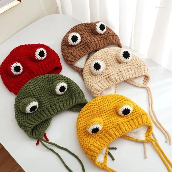 Beralar 2024 Moda Bebek Süper Sevimli Büyük Gözler Frog Please Yün Erkek ve Kızlar Sonbahar Kış Sıcak El Dizilmiş Kravat Örgü Şapkası