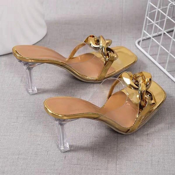 Sandalen 2024 Sommer Große Kette Transparent Damen Hausschuhe von Karree Metall High Heels Schuhe Frauen Rutschen Dünn