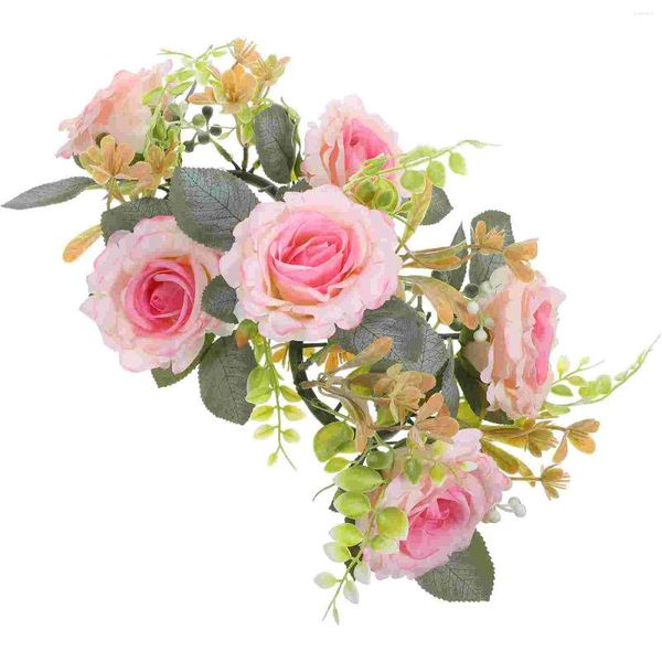 Flores decorativas folhas de flores anéis de vela casamento rosa artificial floral grinaldas primavera pilar anel casa mesa centerpieces rosa