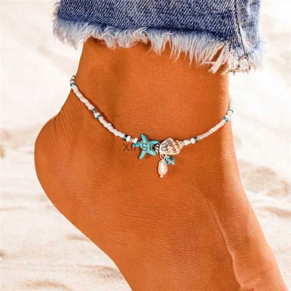 Tornozeleiras moda tartarugas marinhas pérola estrela do mar onda coração encantos pulseiras tornozeleiras para mulheres boêmio verão pé corrente jóias presentes yq240208