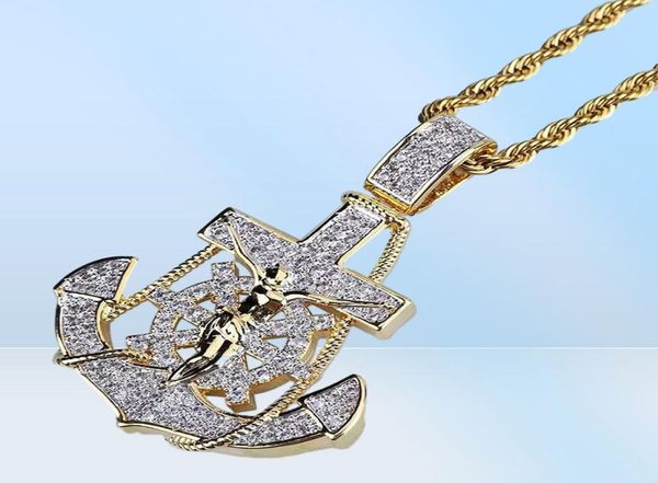 Ied Out Anker-Anhänger-Halsketten für Männer, luxuriöse Designer-Herren-Bling-Diamant-Ruder-Anhänger, 18 Karat vergoldet, Hip-Hop-Zirkon-Schmuck2497212