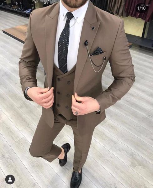 Ternos masculinos mais recente casaco calça design casual marrom terno masculino fino ajuste 3 peça smoking baile de formatura casamento personalizado noivo blazer terno masculino