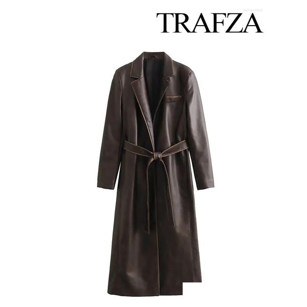 Womens couro falso trafza vintage manga longa artificial outwear elegante efeito desgastado cinto na jaqueta feminina cintura jaquetas trench coats otixf