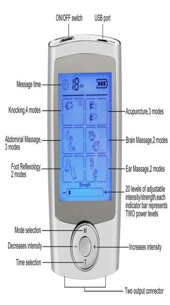 Digitales 16-Modi-tragbares Elektroimpuls-TENS-EMS-Massagegerät, LCD-Bildschirm, 16 Therapiemodi, Massagegerät mit zwei Ausgängen281m4933931