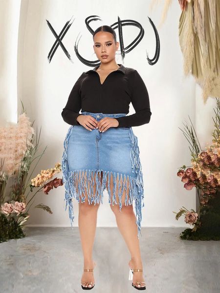 Saia jeans feminina verão curta saia sexy com borla apertada plus size saia jeans senhoras grande gota por atacado 240130