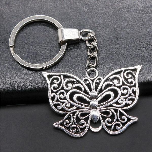 Keychains Jóias de moda Keychain Antique Silver Color 35x50mm Butterfly Pingente de chaves de chaves