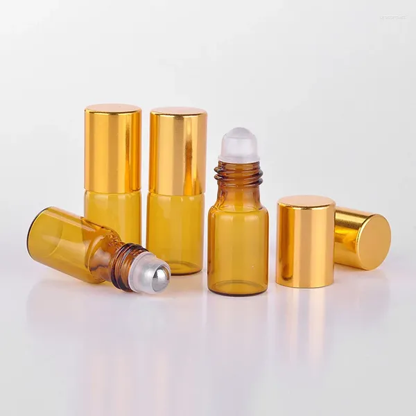 Depolama Şişeleri 20pcs 3ml 5ml 10ml Amber Rulo Esansiyel Yağlar için Silindir Şişesi Doldurulabilir Parfüm Deodorant Kapları Altın Kapaklı