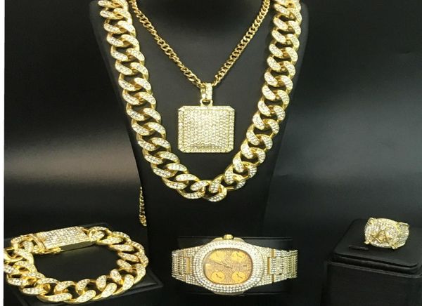 Homens de luxo relógio pulseira colar anel combinação conjunto gelo fora cubano relógio hip hop cristal miami colar corrente jóias para homem c17400973