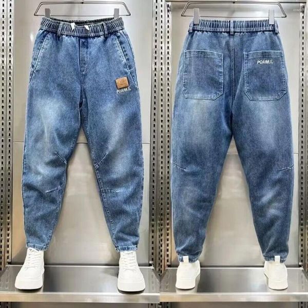 Jeans masculinos moda coreana homens roupas de luxo 2024 outono solto cordão denim com bordado casual elástico baggy harem calças