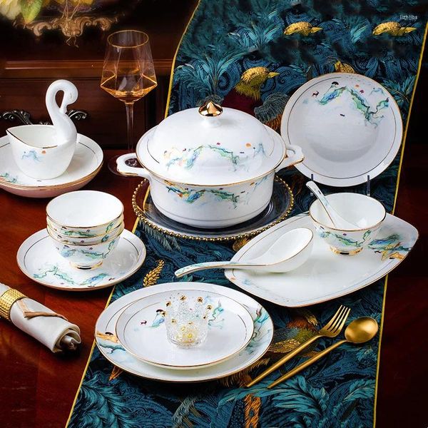 Geschirr-Sets Jingdezhen-Keramik-Geschirr, heller Luxus, Bone China-Essteller, schlicht, modern, über Kreativität