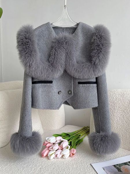 Зимнее женское пальто 2024, высококачественное искусственное меховое пальто с большими лацканами, двухслойное толстое теплое шерстяное пальто, корейское модное пальто Chaquetas 240208