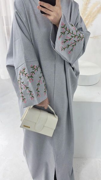 Abbigliamento etnico Abaya aperto in lino di cotone con maniche ricamate Kimono Abaya musulmano per le donne Dubai Luxury Turchia Abito caftano islamico