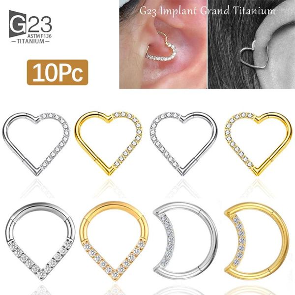 Orecchini a cerchio 10Pc ASTM F136 Titanio Daith Orecchino a cuore Cartilagine Tragus Helix Anelli Segmento incernierato con Clear CZ