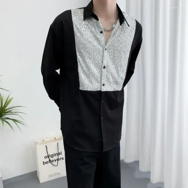 Camicie casual da uomo di lusso con paillettes scure per la primavera 2024 Camicia allentata con giunture a contrasto Camicia da smoking sociale in scena Abbigliamento uomo