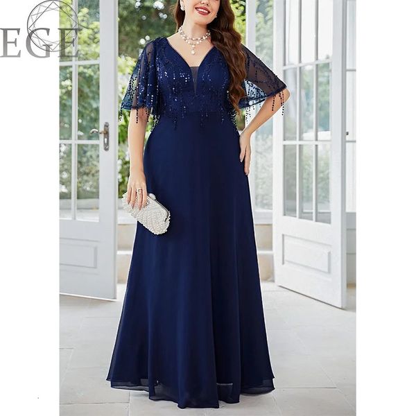 V Neck Royal Blue Sequits Shiny Plus Side Wedding Dress 5xl6xl Женский шифоновый макси -платья с коротким рукавом 240129 240129