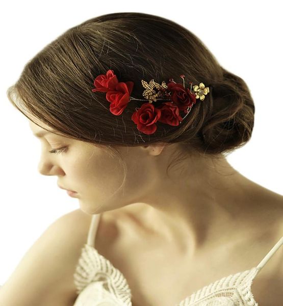 Grampo de cabelo vintage feito à mão rosa vermelha folha dourada strass flor headpiece acessórios de casamento nupcial5203054