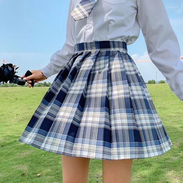 Saias moda primavera verão mulheres cintura alta segurança xadrez plissado a linha mini saia doce menina estudante casual dança sk6