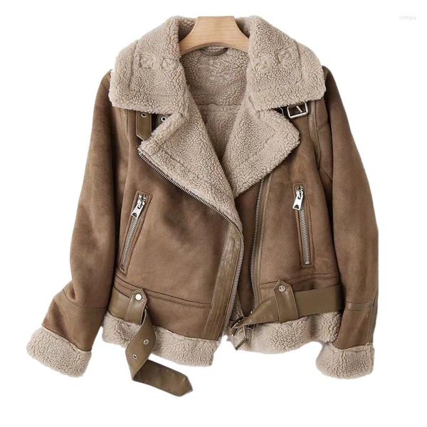 Giacca da donna in pelle invernale da donna spessa calda in finta pelle scamosciata di lana di agnello Cappotto corto da motociclista nero Cachi Capispalla femminile casual