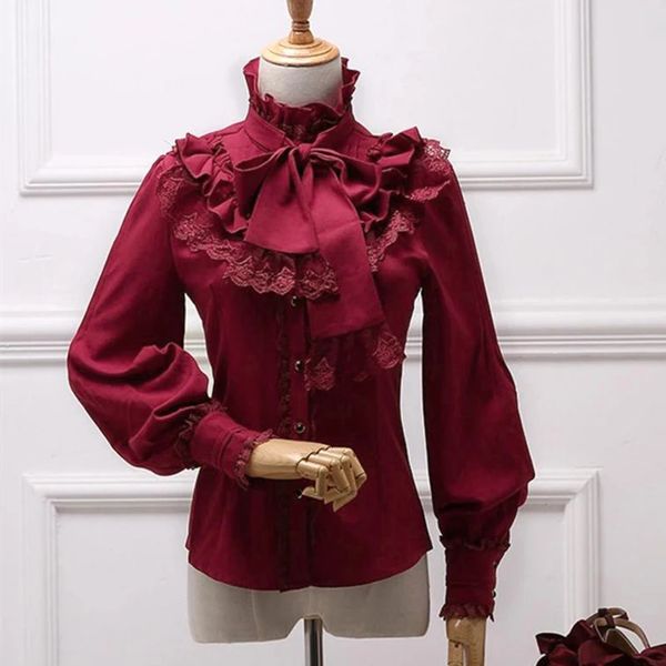 Винтажная шифоновая рубашка в стиле Лолиты, блузка для женщин, с длинным рукавом, воротником-стойкой, элегантный женский готический пояс, кружевной ремень для девочек, красный, черный, синий, белый 240123