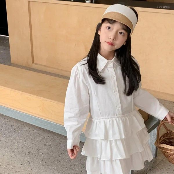 Vestidos da menina crianças roupas meninas vestido 2024 primavera camisa de manga comprida estilo coreano design sentido lapela cor sólida