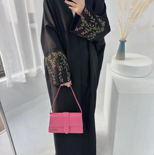 Ethnische Kleidung Leinen Abaya Stickerei Kimono mit Taschen Schwarze muslimische Abayas für Frauen Dubai Luxus Türkei Islamisches Outfit Kaftan Hijab