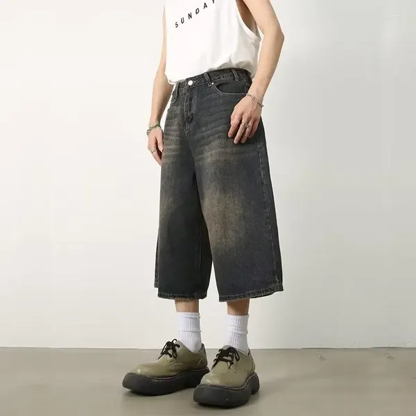 Jeans da uomo stile coreano vintage estate allentato maschio gamba larga pantaloncini al ginocchio 2024 pantaloni di jeans moda lavati 9A8825