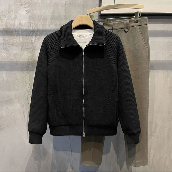 Мужская одежда, черная куртка с воротником, кардиган, вязаные свитера для мужчин, пальто на молнии, большой размер, старый корейский стиль, Overfit S 240125