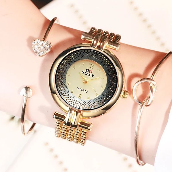 Soxy marca de luxo senhoras vestido pulseira relógio de ouro das mulheres relógios mulher relógio de quartzo moda simples relógio de pulso feminino 240127