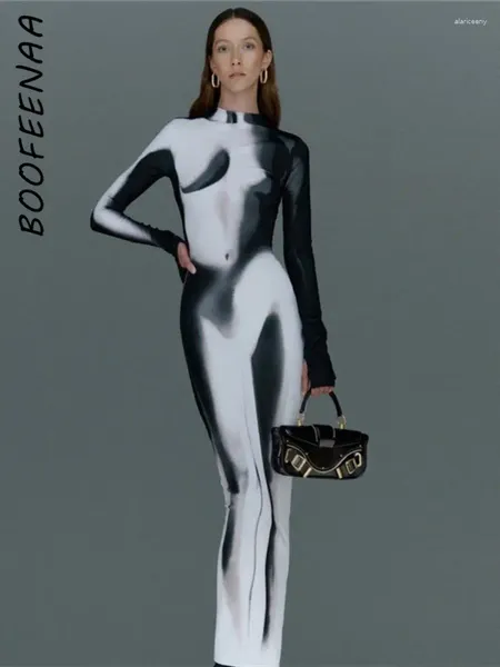 Casual Dresses BOOFEENAA 3D-Körper bedruckt Langarm, figurbetont, Maxi für Frauen, Cocktail-Partykleid, elegantes sexy Abendkleid C96-CG33