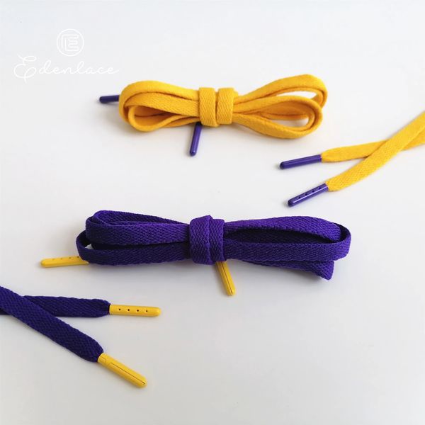 Flache, violette Baumwollschnürsenkel mit gelben Metallaglets und Schnürsenkelspitzen für Sneakers, Schnürsenkel 240130