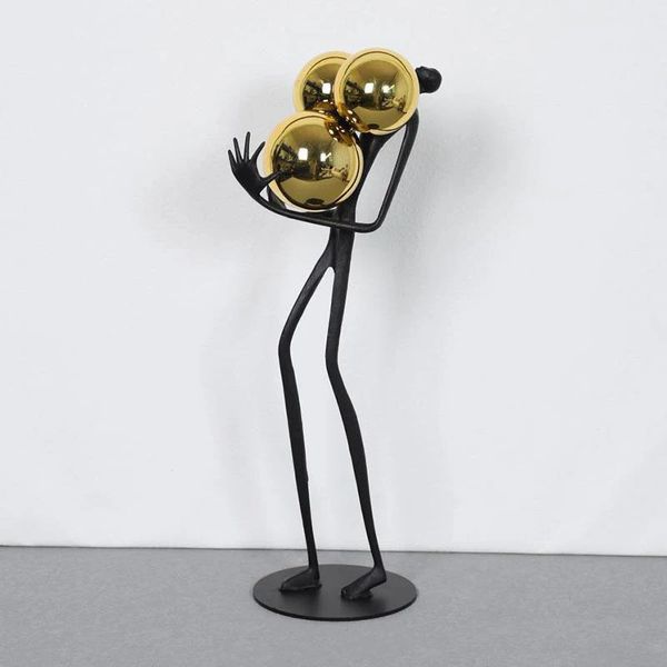 Minimalistische schwarze Streichholzmänner, Ornamente, goldene Kugel, dekorative Charakterstatue, Schreibtischdekoration, abstrakte Figur, Skulptur 240124