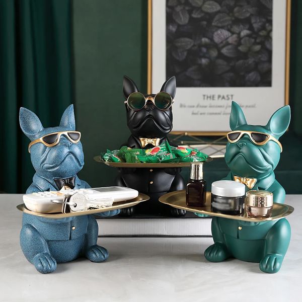 Escultura de buldogue francês, estátua de cachorro, armazenamento de joias, decoração de mesa, decoração de casa, cofrinho de moedas, bandeja de armazenamento, estátua de arte doméstica 240202