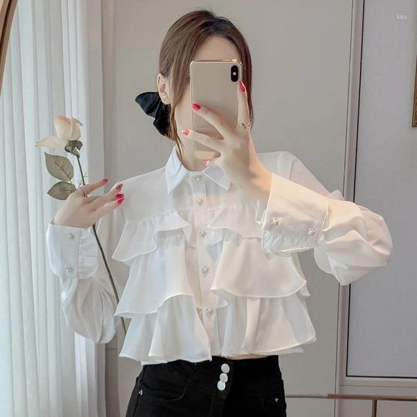 Damenblusen Koreanische Mode weiße Bluse Frauen Rüschen Langarm Crop Top 2024 Herbst elegante süße Shirts Perlen Knöpfe oben