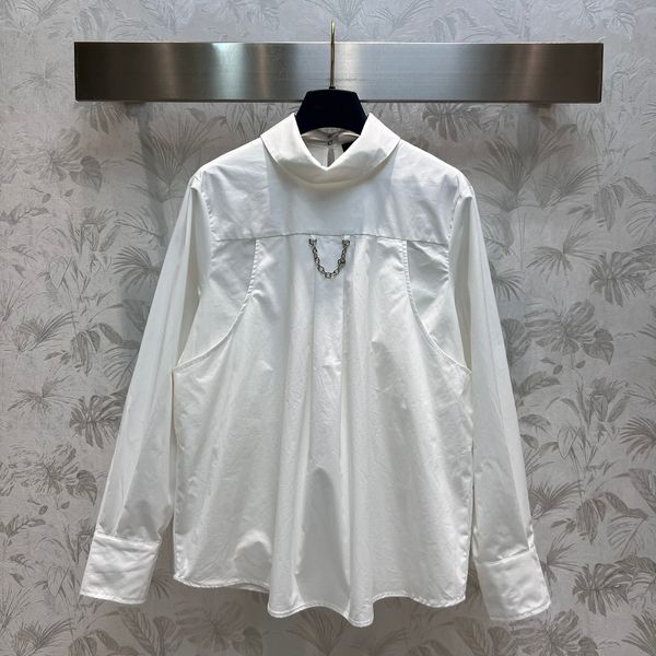 Damen-Blusen, Hemden, weiße Baumwolle, Stehkragen, langärmeliges, dekoratives Pullover-Shirt mit Kette
