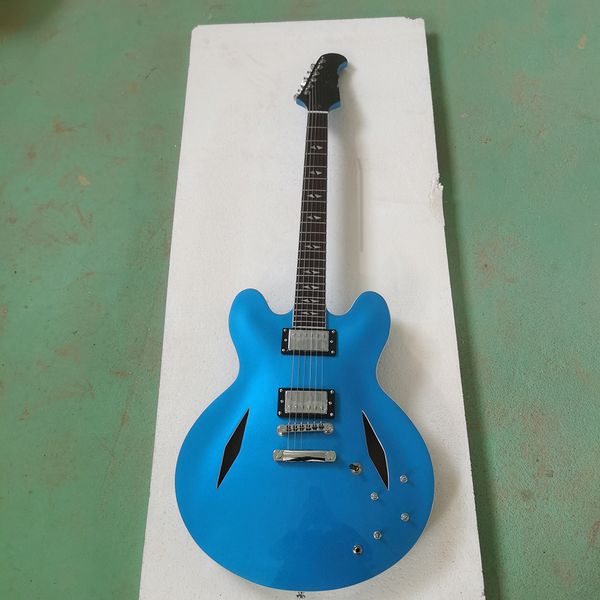 Chitarra elettrica blu argento, corpo semi-cavo, corpo con doppi fori diamantati, tastiera in palissandro, più colori, in stock