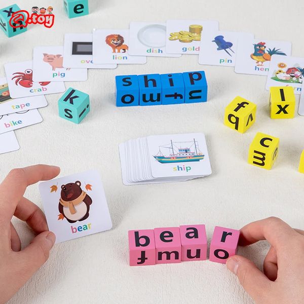 Carta ortografia bloco flash cartões jogo palavras inglês aprendizagem precoce quebra-cabeça educacional para o bebê crianças montessori brinquedo de madeira 240124