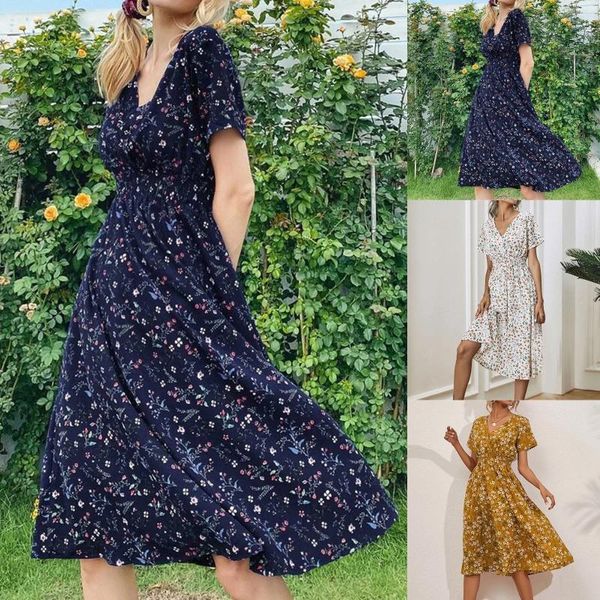 Vestidos casuais vestido de verão 2024 retro amarelo vermelho floral v-pescoço de manga curta solta elegante a linha praia longo robe