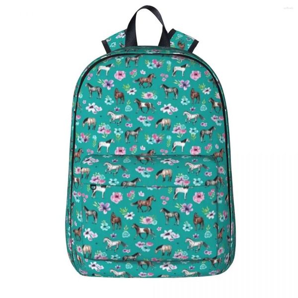 Zaino Cavalli e fiori su verde acqua Turchese Cavallo Stampa Art Cowgirl Zaini Boy Girl Bookbag Zaino da viaggio Borsa a tracolla