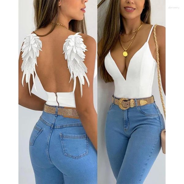 Blusas femininas 2024 moda feminina asas de anjo decoração sem costas cami topo sem mangas cinta espaguete mergulho colete femme sexy camisa